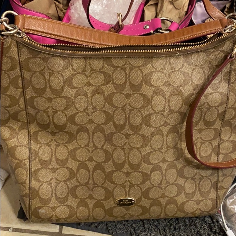 Coach Dark Brown Jacquard Zip Across Hobo Bag